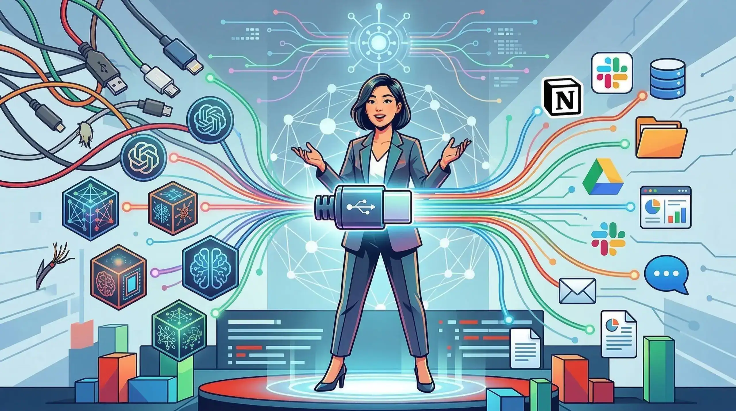 USB-C 接口與 AI 系統串接概念示意圖